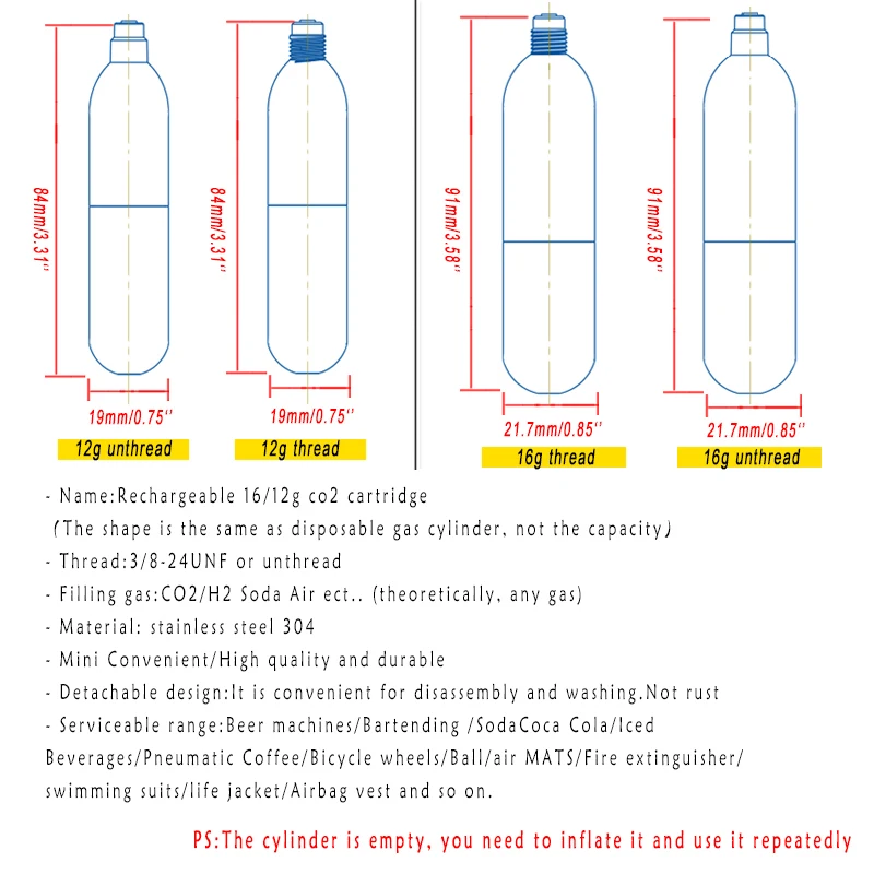 Rechargeable co2 cylinder 12g 16g CO2 Cartridges Refill CO2 Inflator for Bike Tires Brewing Equipment With Threaded Unthread