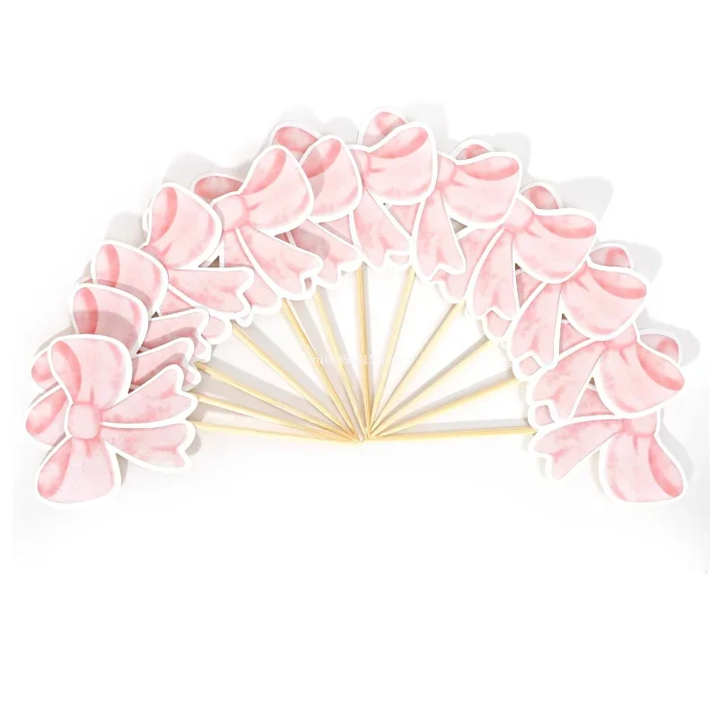 リボンカップケーキトッパー、ピンクリボンコケット誕生日ケーキデコレーション、独身ブライダル婚約結婚式女の子ベビーシャワー 생일초