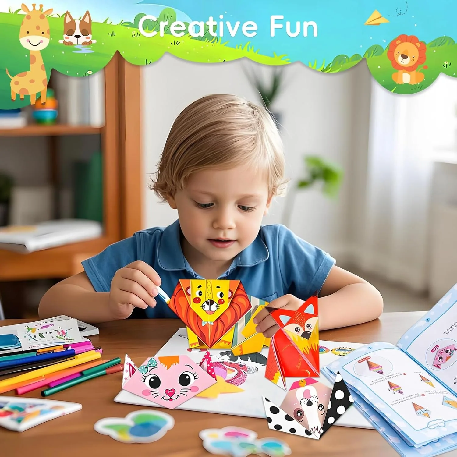 Zestaw Premium Kids Origami 152 szt. z kolorowymi papierami z nadrukiem, idealny do edukacyjnej zabawy, przyjaźni rodzinnej i prezentów urodzinowych