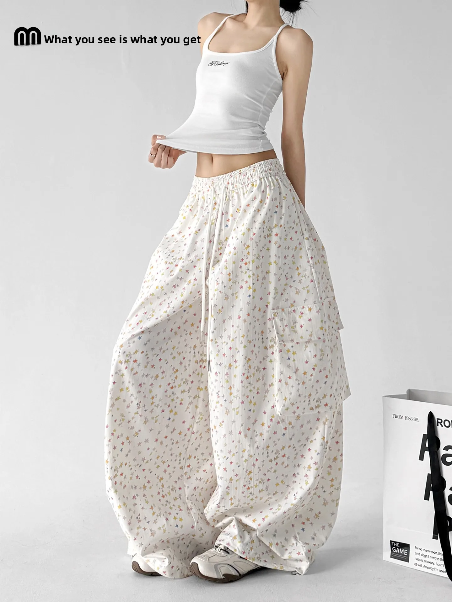 

Stars Pattern Loose Thin Casual Pants for Women Summer New Style High Waist Wide Leg Pants Polyester Fiber Commute Style