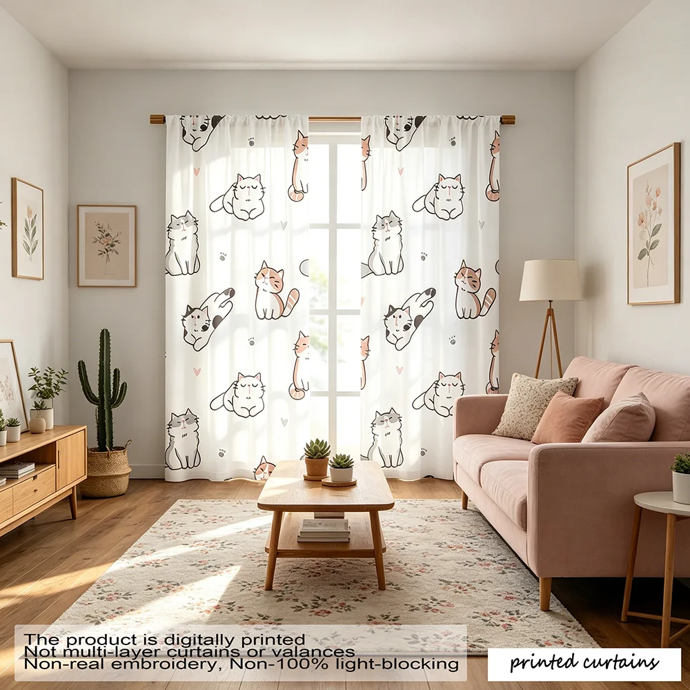 2pcs Cute Cartoon Cat Printed Curtains, Thermal Insulation and Light Blocking Bedroom Kitchen Living Room Decoration Fiber