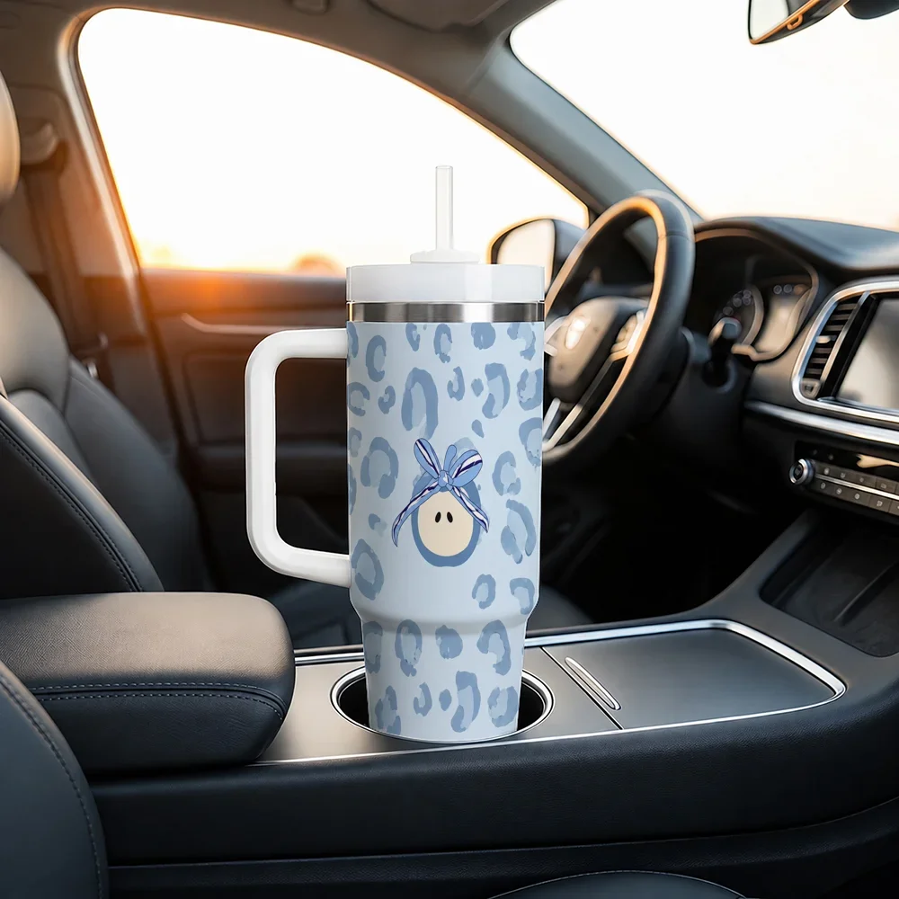 Peach Leopard Bow 40oz Tumbler with Handle Straw Stainless Steel Insulated Travel Mug Cute Animal Print Gift for Women Girls