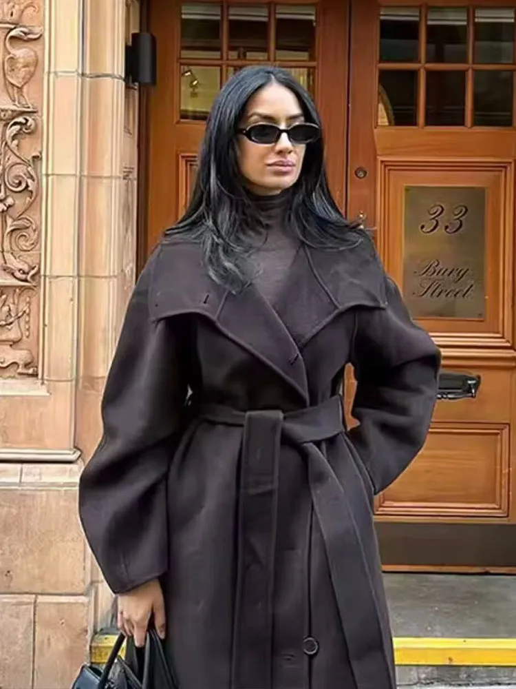 

HH Women's Winter Fashion Versatile Stand Collar Belt Solid Long Woolen Coat Female High Street Casual Single Breasted Jackets