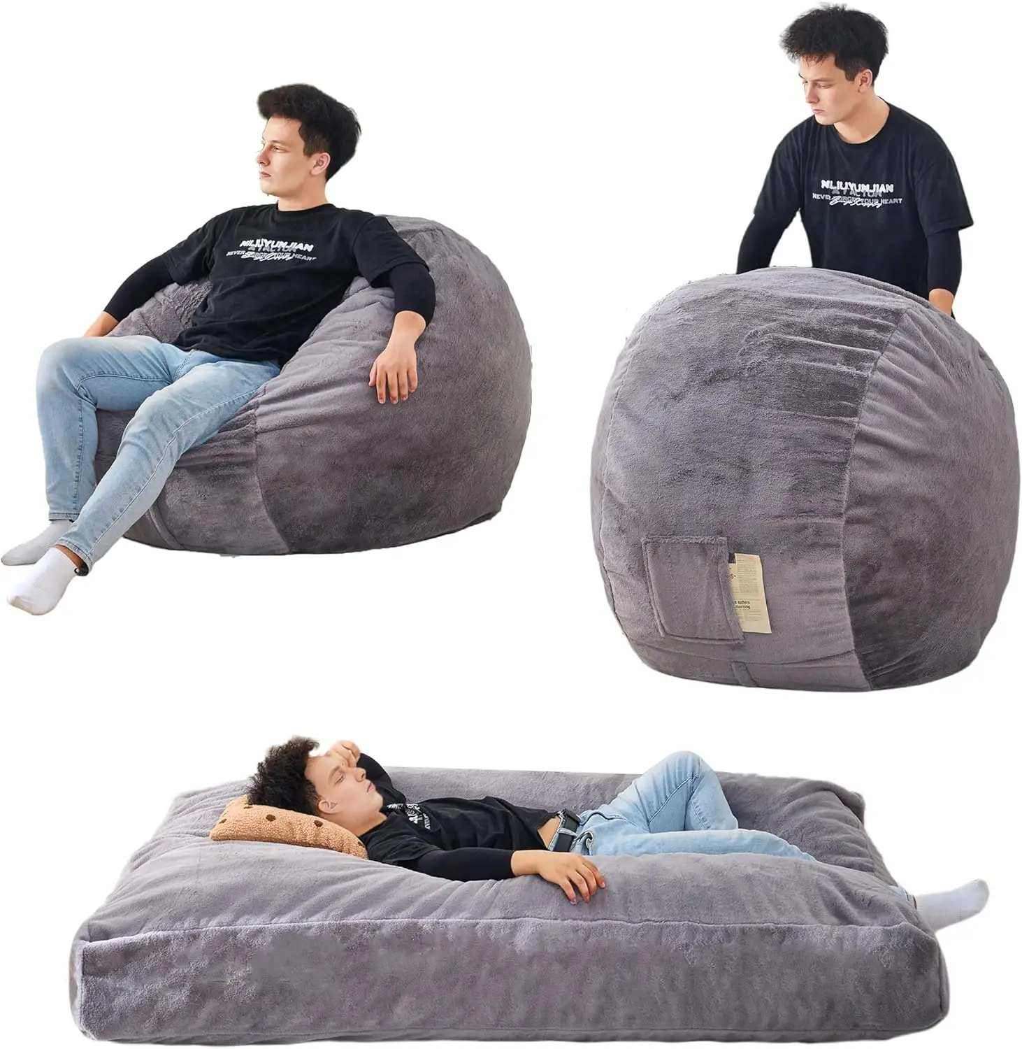 2 In 1 Giant Bean Bag Chair Bed For Adults, Convertible Beanbag Folds From Lazy Chair To Floor Mattress Bed Large Floor Sofa