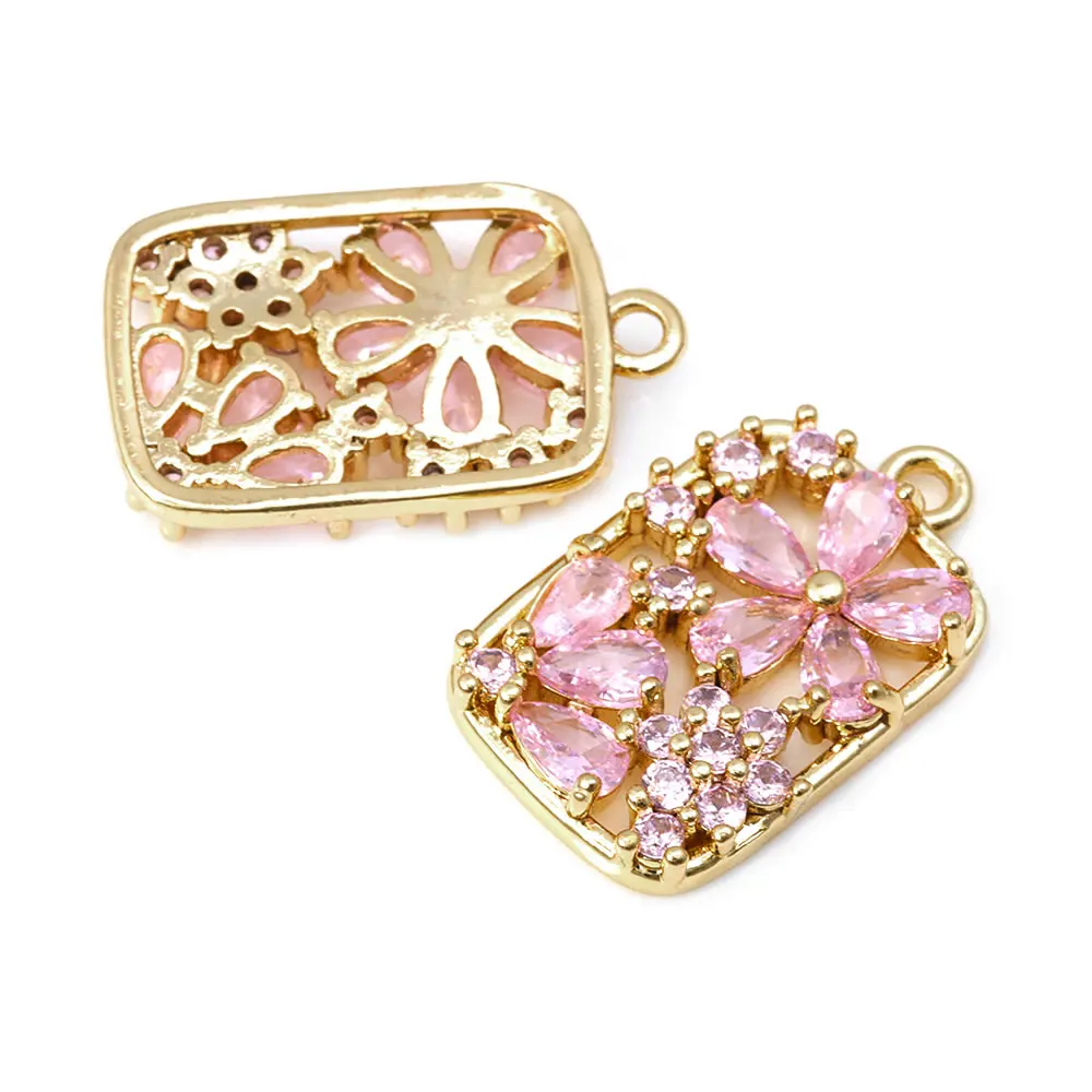 4PCS 18K Gold Color Brass Zircon Rectangle Flower Charms Pendants High Quality Necklace Earrings Jewelry Making Diy Accessories