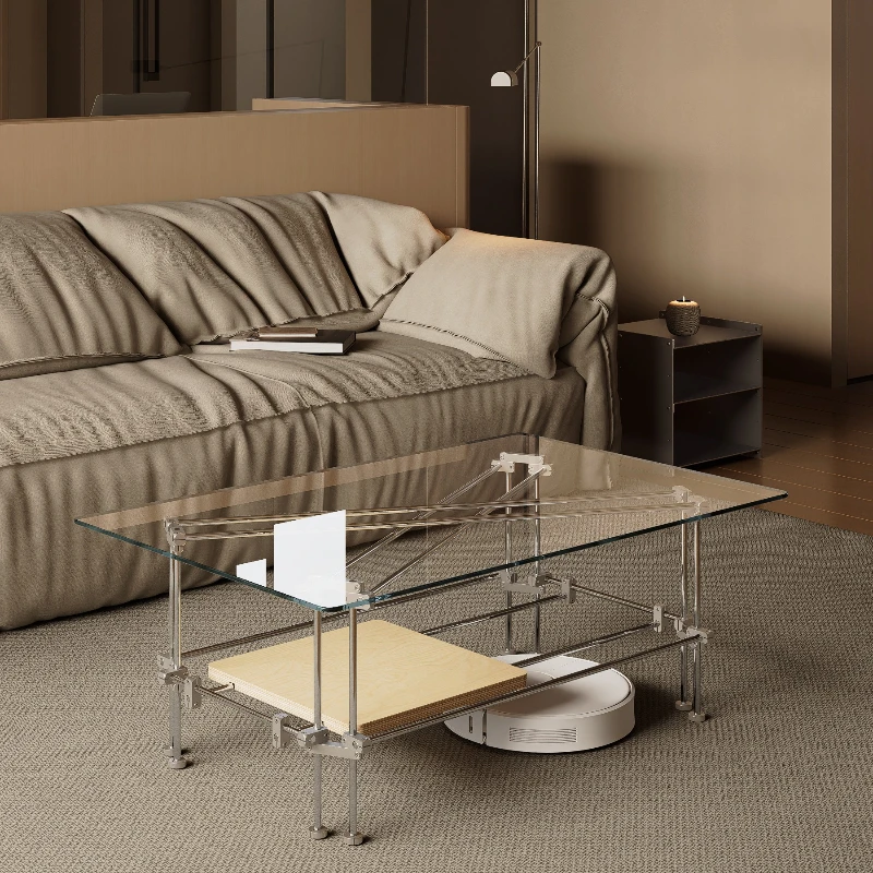 طاولة قهوة مربعة الشكل للتخزين بطبقة مزدوجة، منزلق خشب باوهاوس الأصلي، زجاج معدني من الفولاذ المقاوم للصدأ، بسيط للغاية