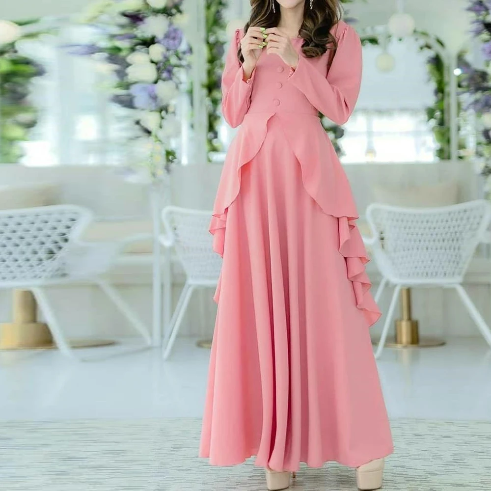 

Elegant Women Pink A-Line Evening Dress O-neck Chiffon Long Sleeves Ankle Length Pleats Bow Ruffles Vestido De Noche Saudi