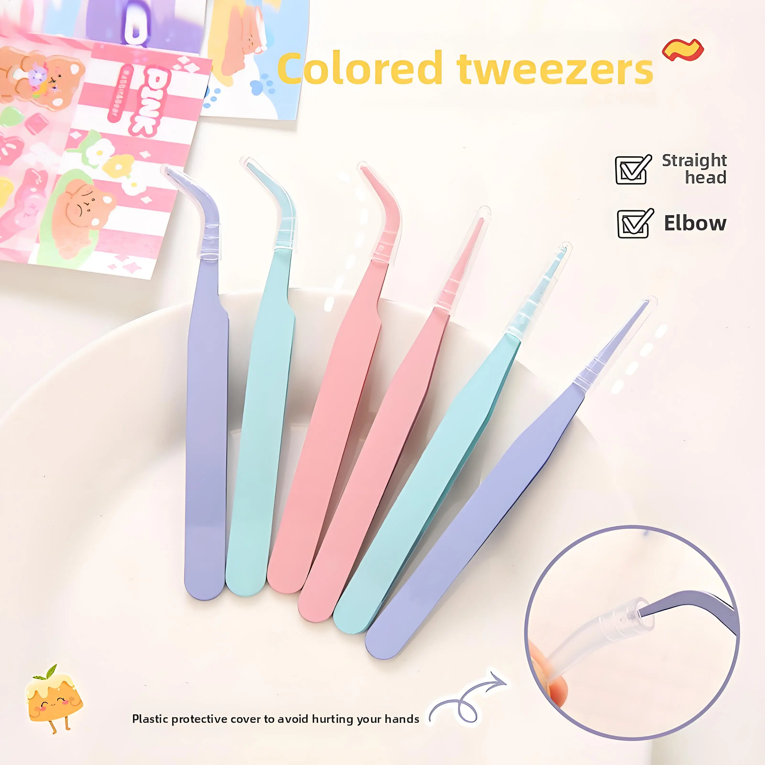 2PCS Macaron Tweezer Set Straight Bent Pointed Stainless Steel Clips Suitable for DIY Scrapbooking Stickers Eyelash Extension