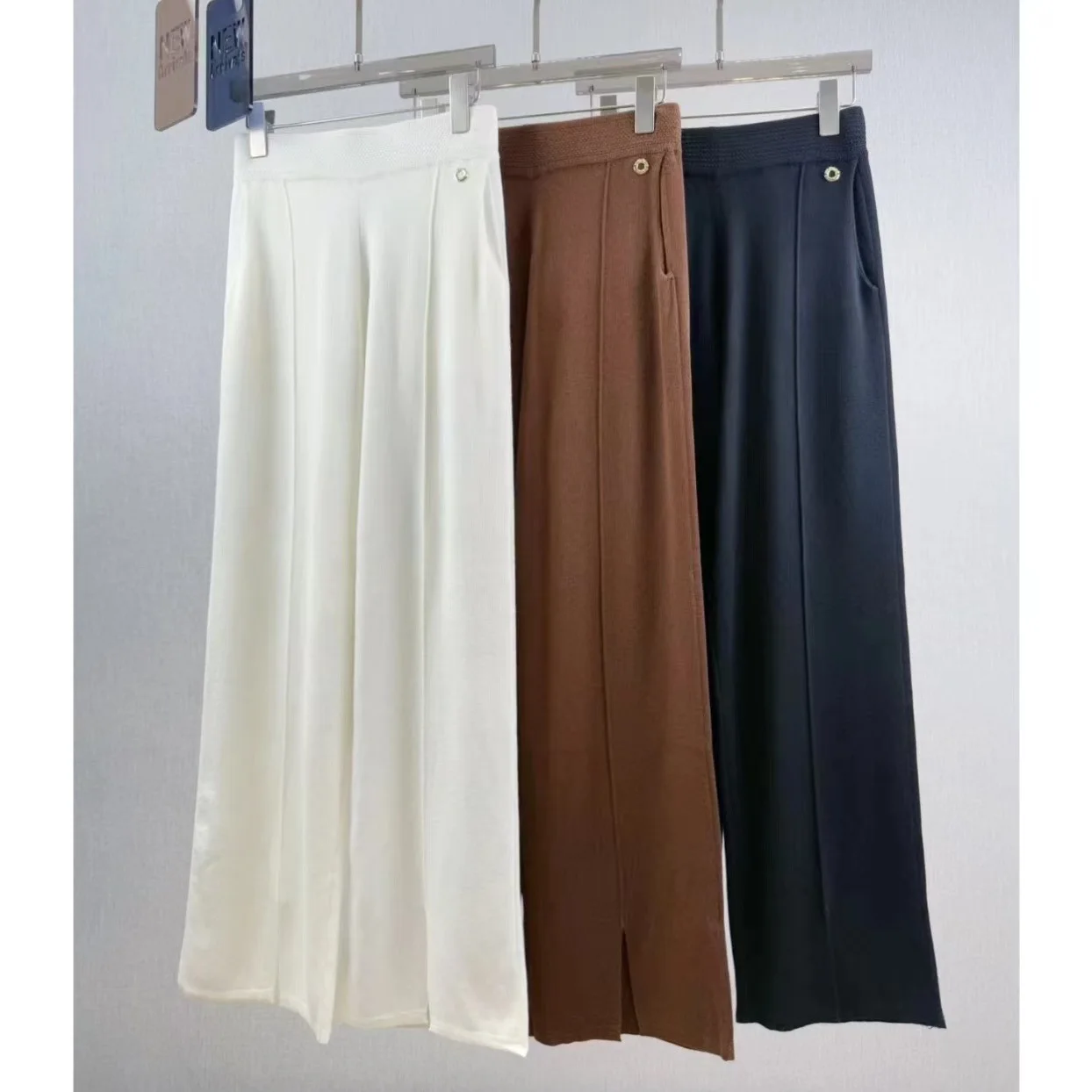 

【Gift Free】LP 2025 Autumn Winter New Wool Knit Wide-Leg Pants for Women, Loose Slim High-Waist Split Straight Casual Trousers