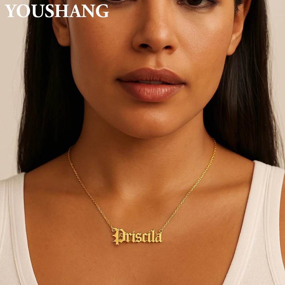 

Персонализированное ожерелье из нержавеющей стали с древним английским шрифтом, кулон с индивидуальным именем, унисекс, праздничные элегантные ювелирные изделия, подарок
