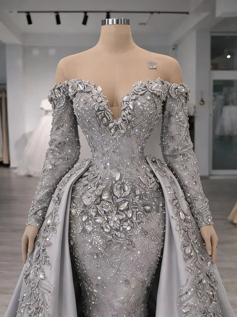 Gray Long Sleeves Middle Eastern Evening Dresses Luxury Lace Beaded Saudi Arabia Dubai Robe De Soiree Prom Dress Gown Customized