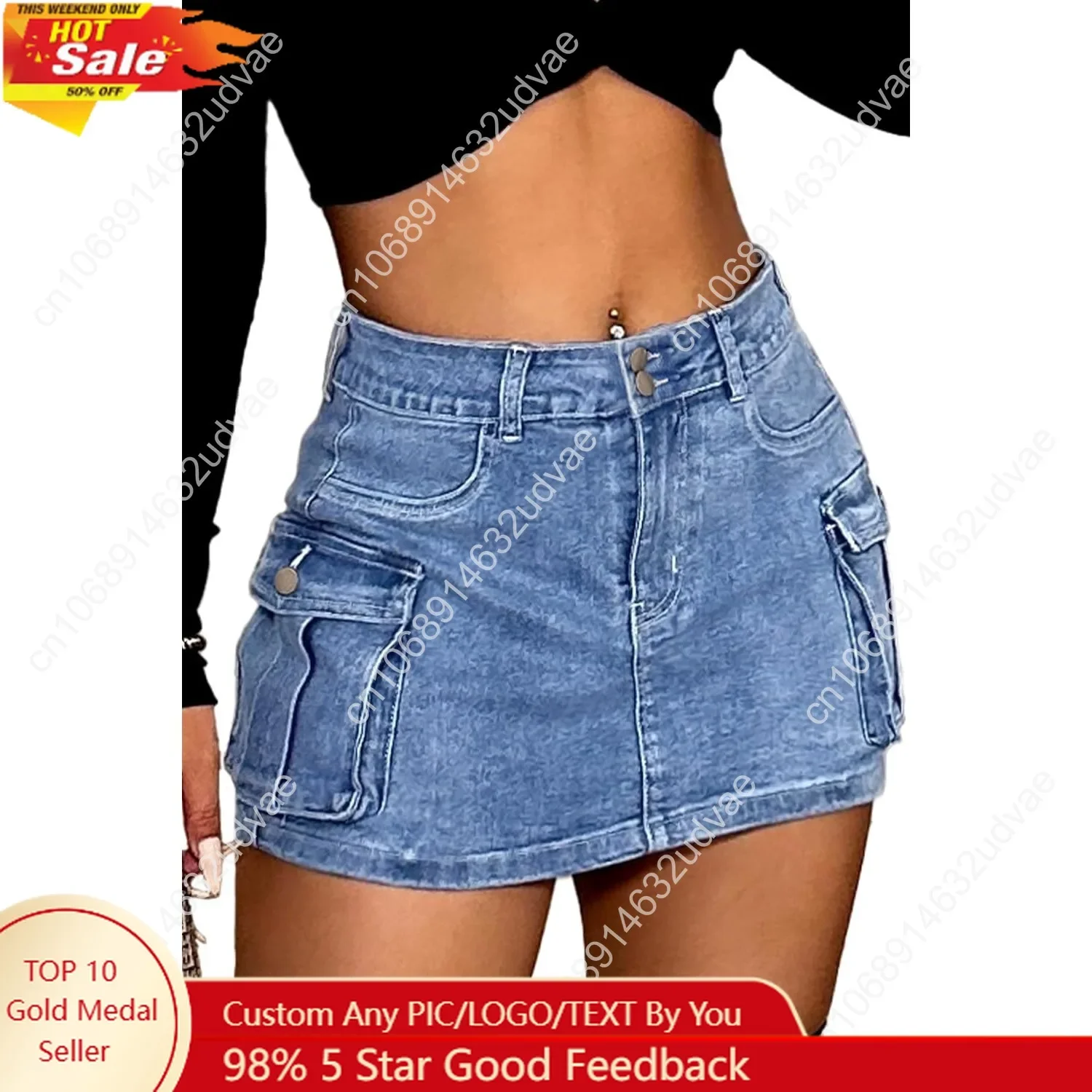 

High Stretchy Denim Cargo Skort for Women, High Waist, Casual Mini Y2K Jean Skirt Shorts with Pockets