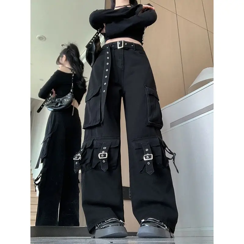 Women's Black Gothic Jeans Y2K Cargo Japanese Harajuku Streetwear Aesthetic 2000S Fashion High Waist Jeans Trouser Clothing 2025