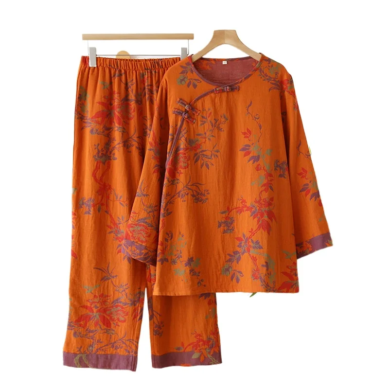 Pure Cotton PajamasTwo-piece Set New Chinese-style  Double-layer Gauze Yarn-dyed Long-sleeved Loungewear National Style Loose
