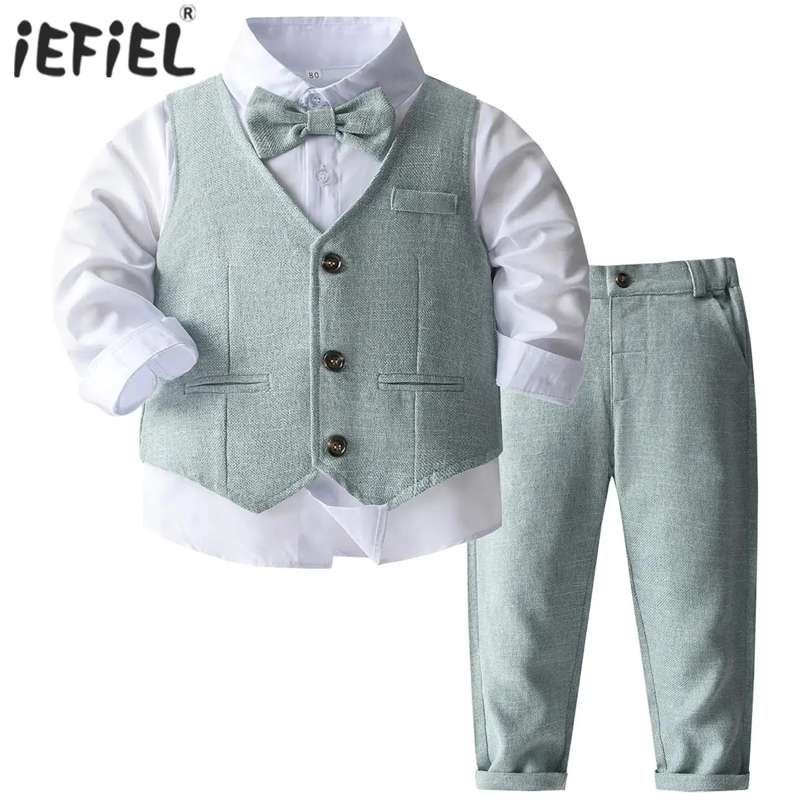 4Pcs Baby Boys Gentleman Cotton Suit Toddler Outfit Birthday Party Wedding Performance Long Sleeve Shirt Bowtie Vest Pants Set