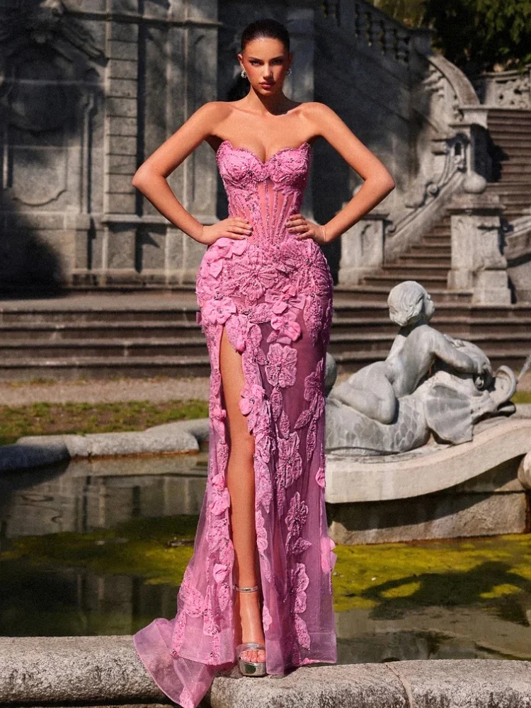 Luxuriöse rosa Spitze-Applikationen-Abendkleider für Frauen, trägerloses Korsett, formelles Kleid, hoher Schlitz, Abendkleid, langes Partykleid 2023