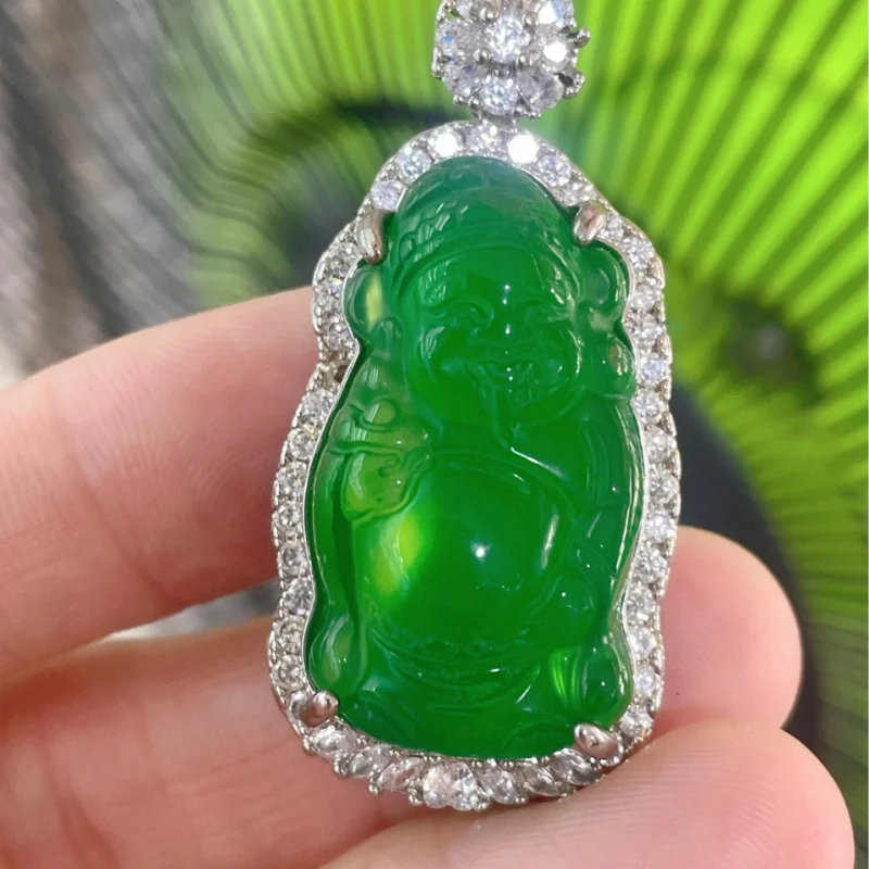 

High Buddha Pendant S925 Silver Inlaid White Chalcedony of Imperial Green God of Wealth