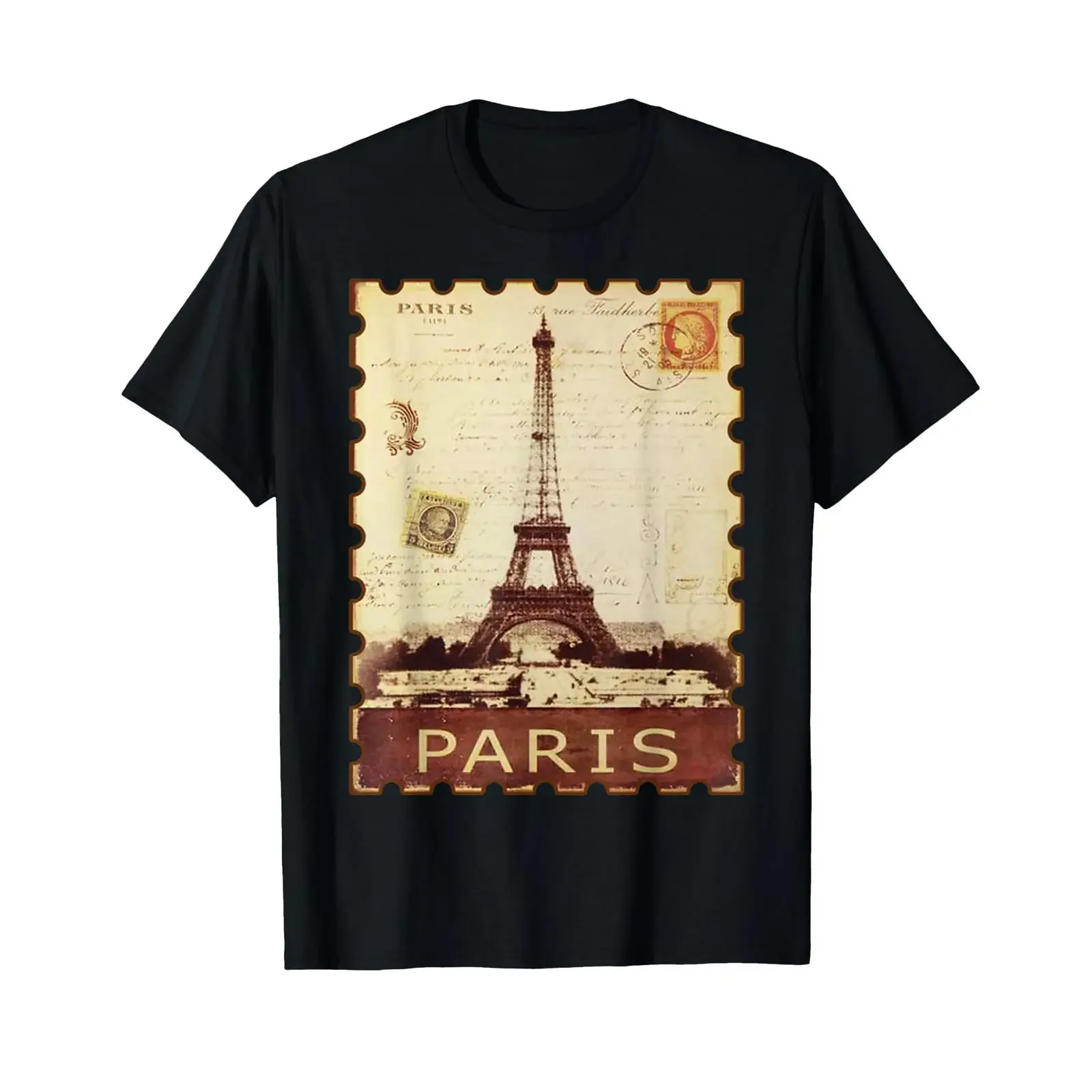 Eiffel Tower Stamp Vacation Vintage Paris France Souvenir T Shirt vintage Washed Casual homme streetwear designer clothes