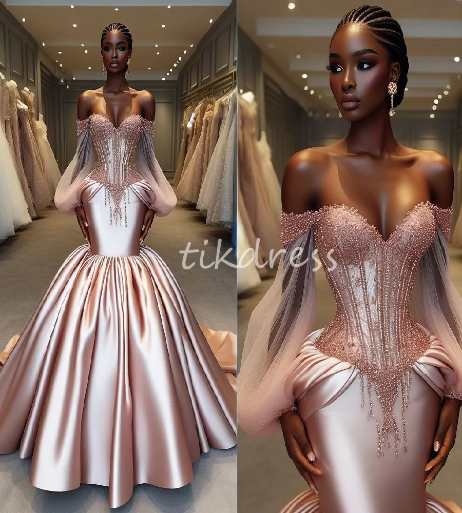

Luxury Aso Ebi Rose Gold Prom Dress 2025 Elegant Mermaid Beaded Evening Dress African Nigeria Long Sleeve Formal Wear Customized