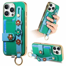 Wrist Strap Ring Card Holder Leather Phone Case for iPhone 16 15 14 13 12 11 Pro Max Plus Protective Shockproof Cover