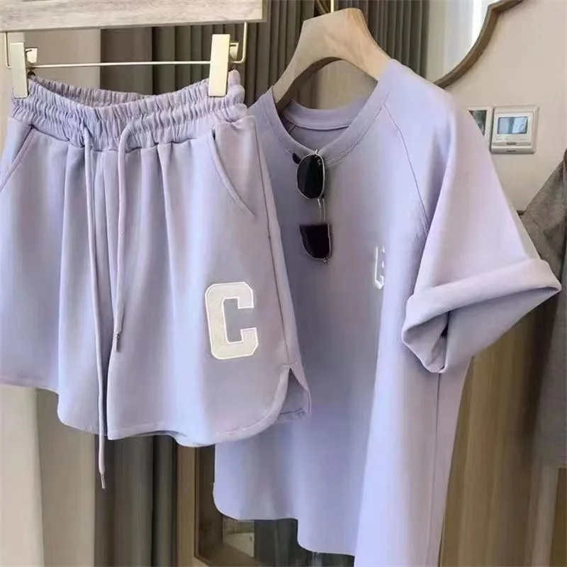 Letter Embroidery Fashion Casual Round Neck Short Sleeved Comfortable Shorts Female Summer New Loose Simplicity Two Piece Set