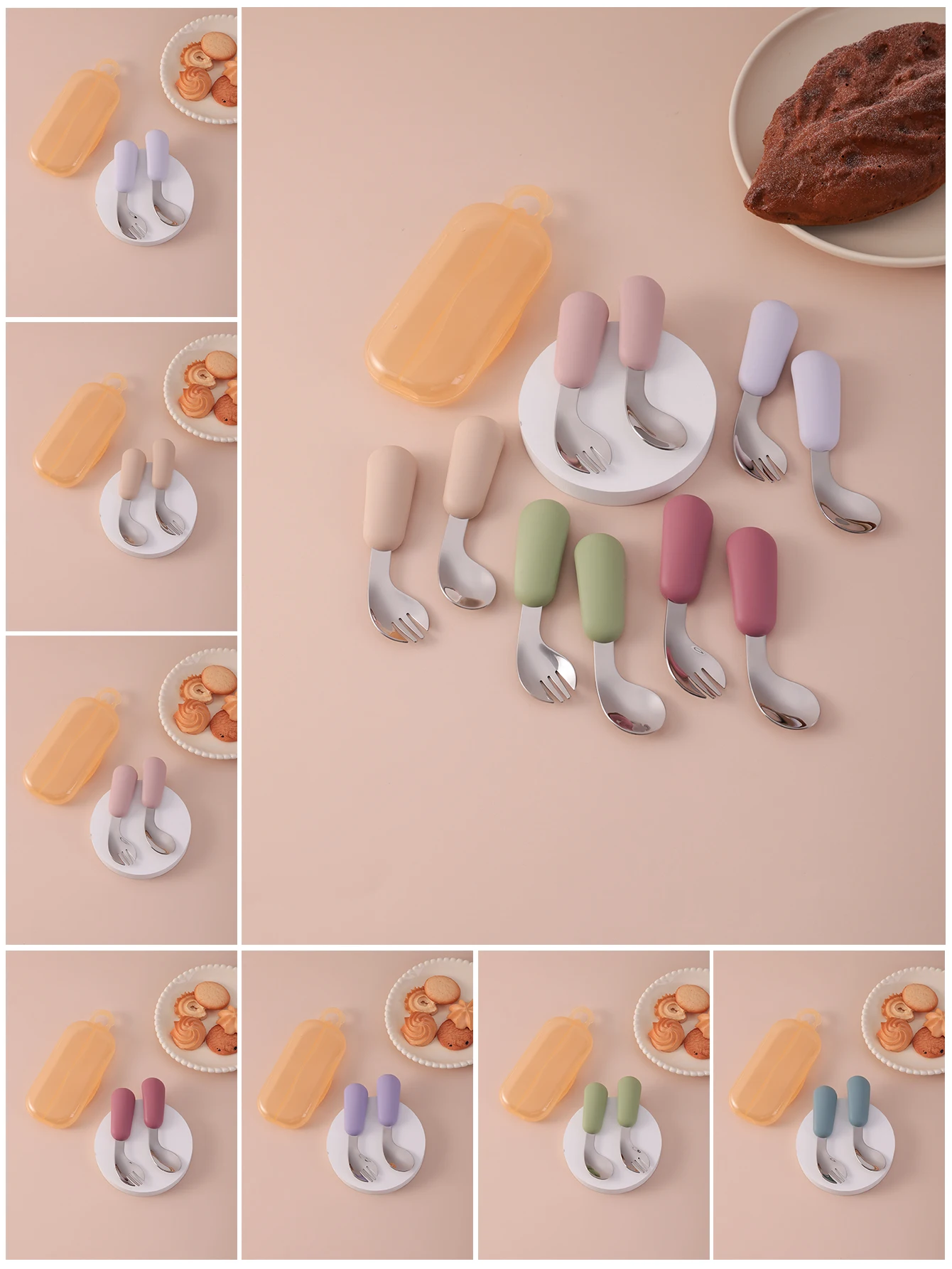 

2 шт., набор детских ложек и вилок из нержавеющей стали, силиконовая ручка, не содержащие BPA, столовые приборы для малышей, нескользящая тренировочная детская посуда