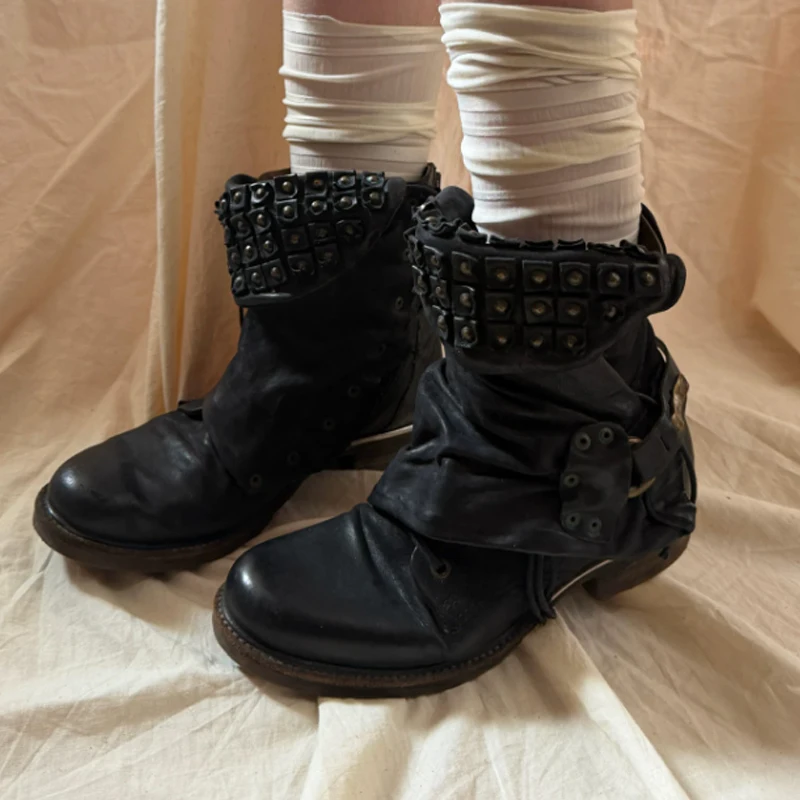 Vintage Studded Fold Over Ankle Boots Woman Winter 2026 Moto Biker Boots Punk Rock Style Short Booties with Buckle Strap