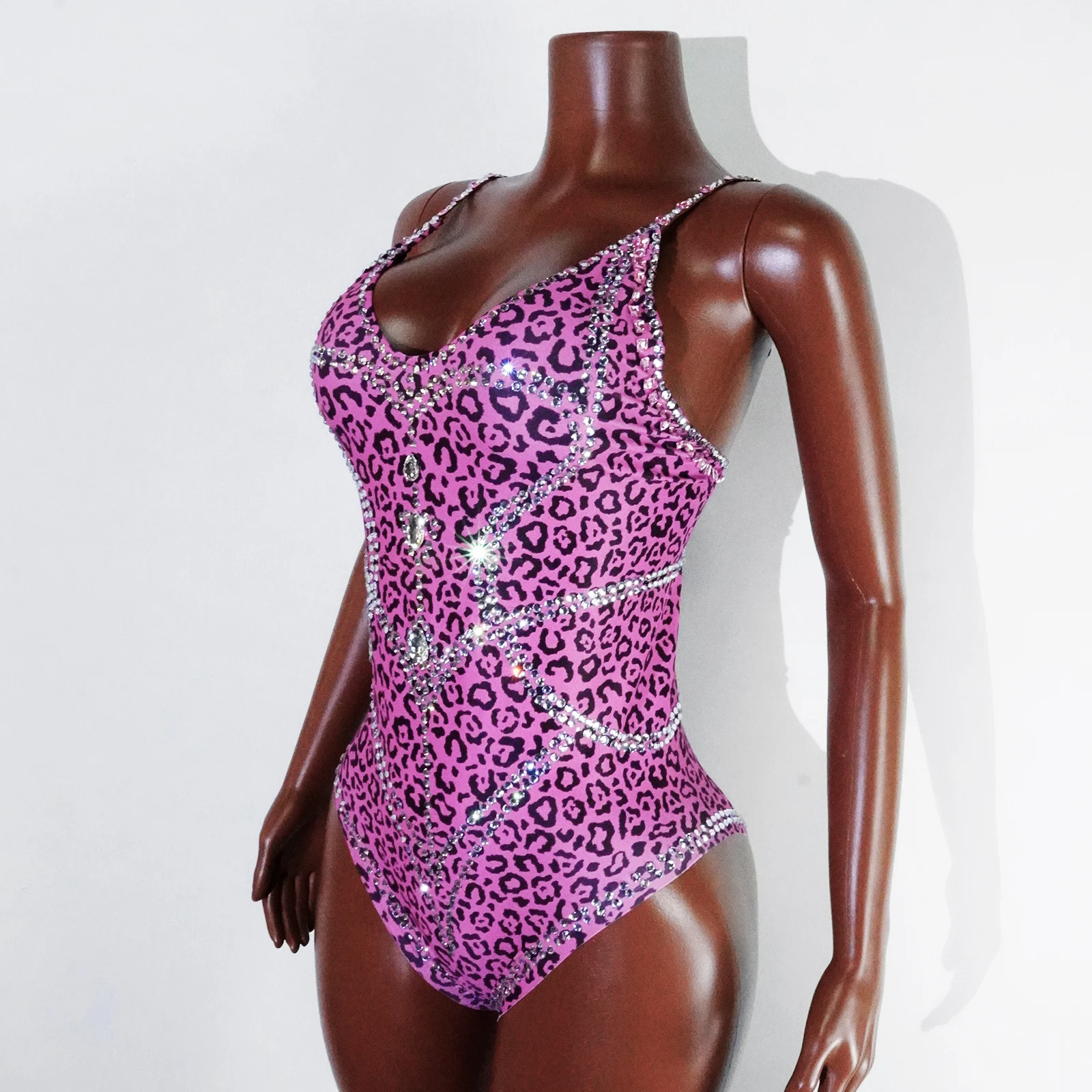 

Glittering Pink Leopard Rhinestone Bodysuit Singer Pole Dance Queen Stage Showgirl Costume Celebrity Nightclub Party Leotard