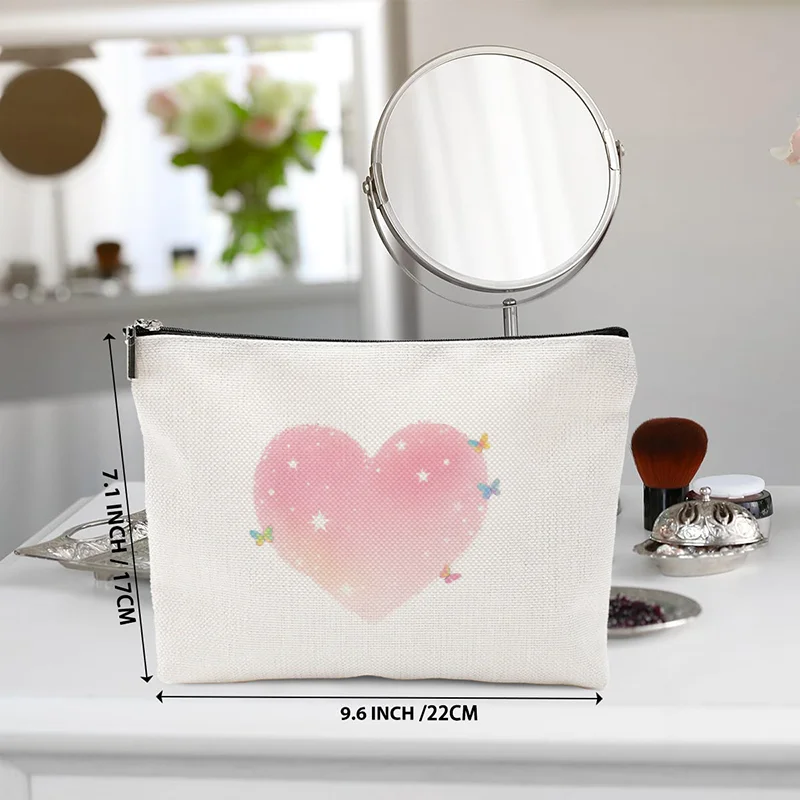

1pc Pink Heart Butterfly Canvas Makeup Bag, Double-Sided Printed Cute Cosmetic Pouch, 9.6"x7.1" Unisex Travel Toiletry Bag