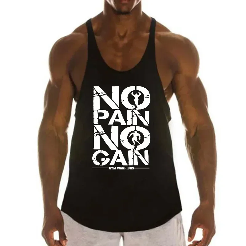 Men's Cotton NO PAIN NO GAIN Gym Tank Tops Low Neck Curved Hem Running Vests Workout Bodybuilding Sports Sleeveless Shirts