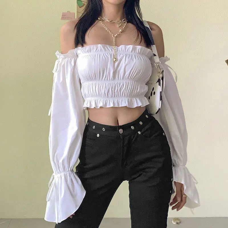 

French Retro Blouses Women Ins Fashion Off Shoulder Slash Neck Irregular Pleated Shirt Simple Solid Flare Sleeve Blusas