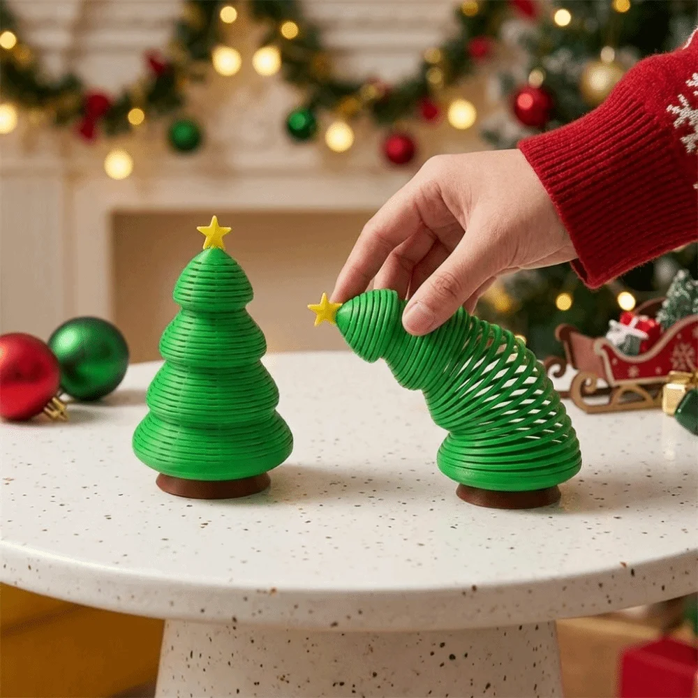 Plastic Spring Christmas Tree Figurine Bendable Simulation 3D Printed Christmas Tree with Star Topper Decorative