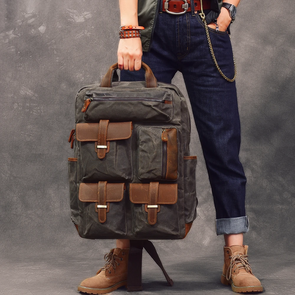 Vintage Oil Waxed Canvas Backpack Water Resistant Large Capital Backpack Rucksack Bags Laptop Waterproof Bag School Backpack