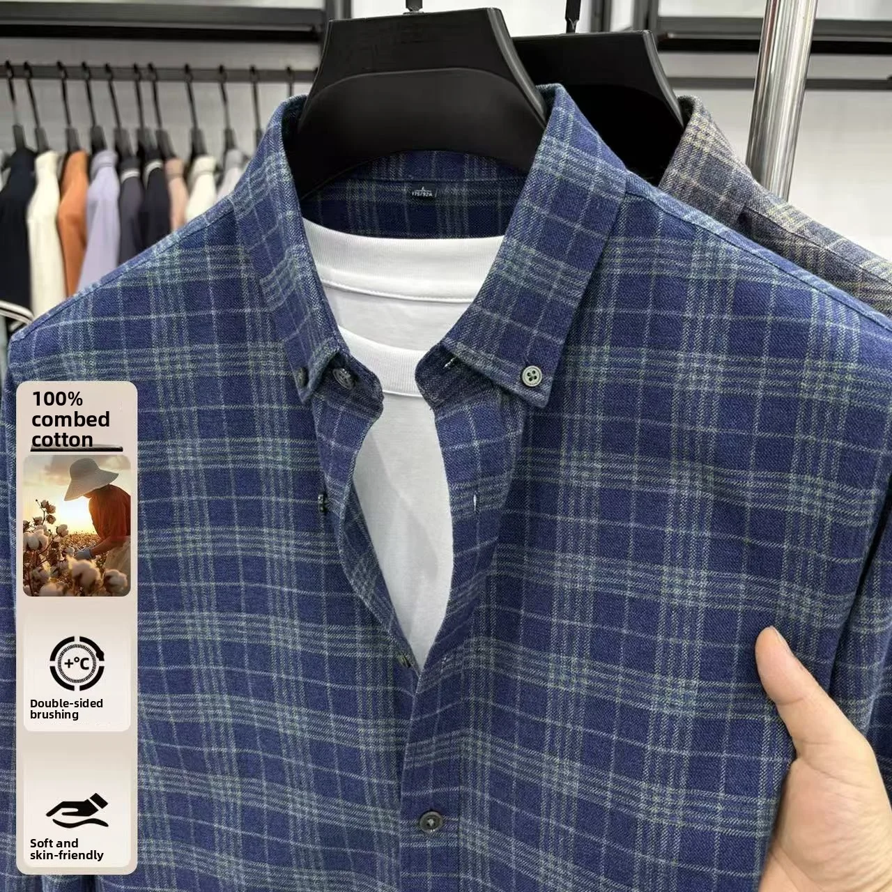 2026 Spring and Autumn New Men's Woolen 100% Cotton Long Sleeve Shirt with Plaid Casual Warmth, Fashionable and Versatile