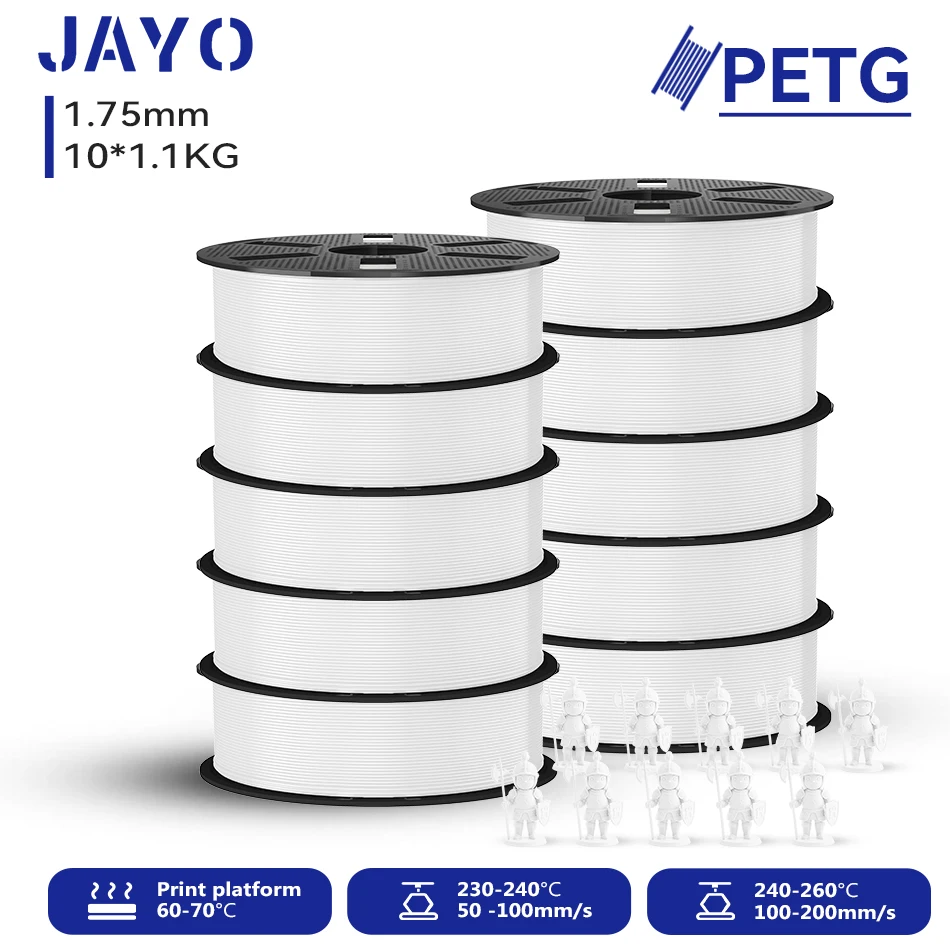 JAYO 10*1,1KG 3D PETG /PETG Klares Druckerfilament 1,75mm Blasenfrei Ungiftig 3D-Druckmaterial PETG für 99% der 3D-FDM-Drucker