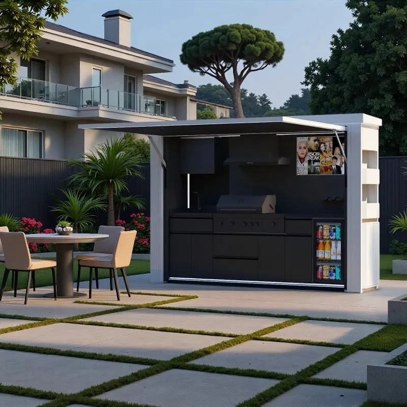 Modern Sleek Matte Black Wall Mounted Stainless Steel Outdoor Kitchen with Range Hood Hinge Storage Drawers for Villa Custom