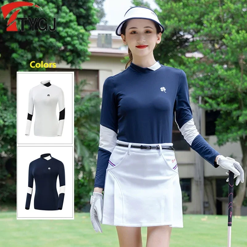 TTYGJ Spring Golf Apparel Women Quick Drying Long Sleeved Golf Tops Elastic Sunscreen Ball Shirt Stand Collar Sports T-shirts