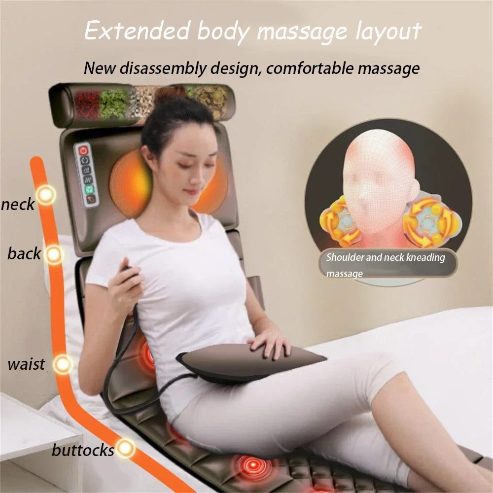 Multifunction Foldable Electric Massage Mattress Knead Heat Vibration Full Body Cervical Spine Back Massage Mat Wormwood Pillow