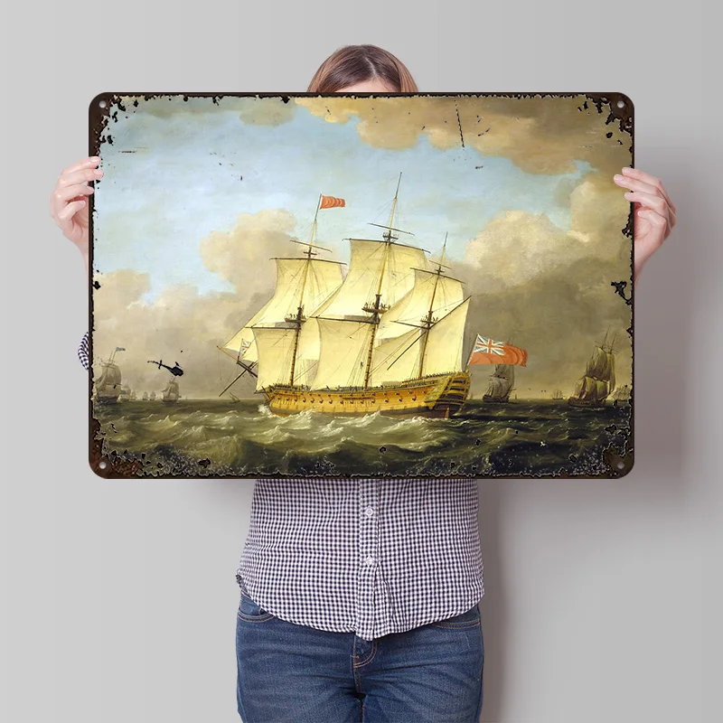 HMS Victory Leaving the Channel Painting Metal Poster Customized Wall Art Retro Vintage Tinplate Signs for Home Decorations Room