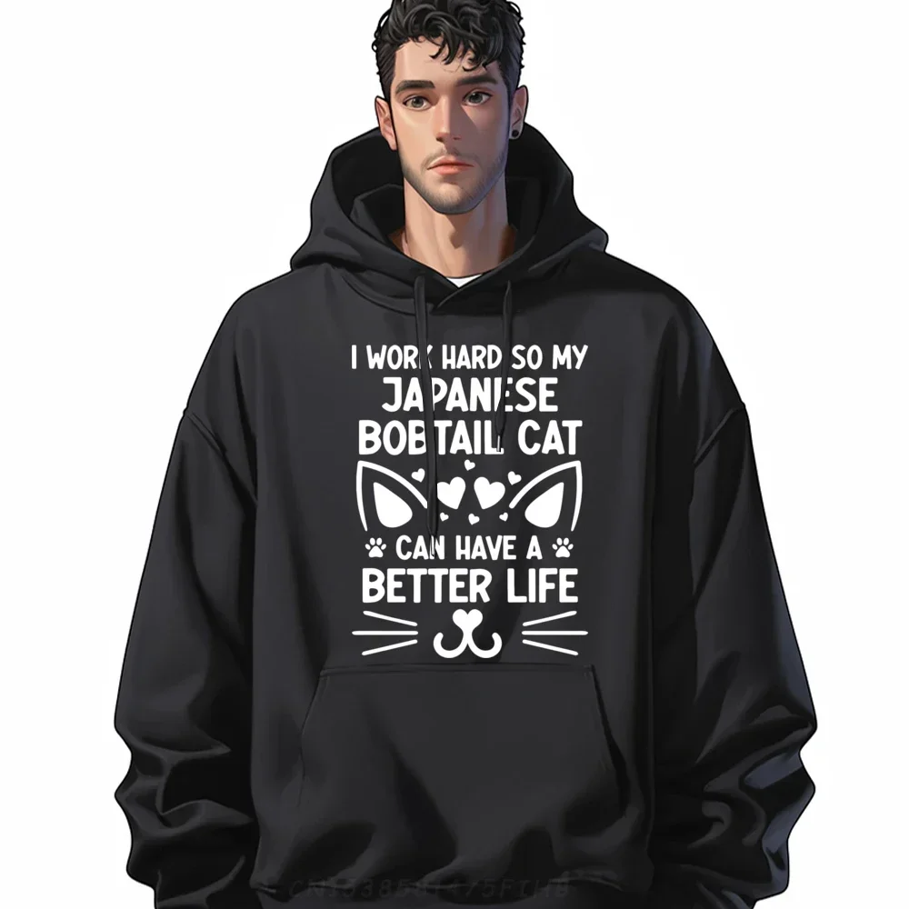 I Work Hard Japanese Bobtail Cat Can Have A Better Life Funny Shirts Men's Clothing 2024 Tops & Tees Harajuku