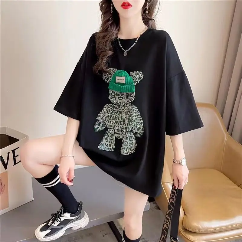 Summer Lazy Cat Exquisite Rhinestone Beaded Bow Western Style Mid-Length Short-Sleeved T-shirt Women\'s Top