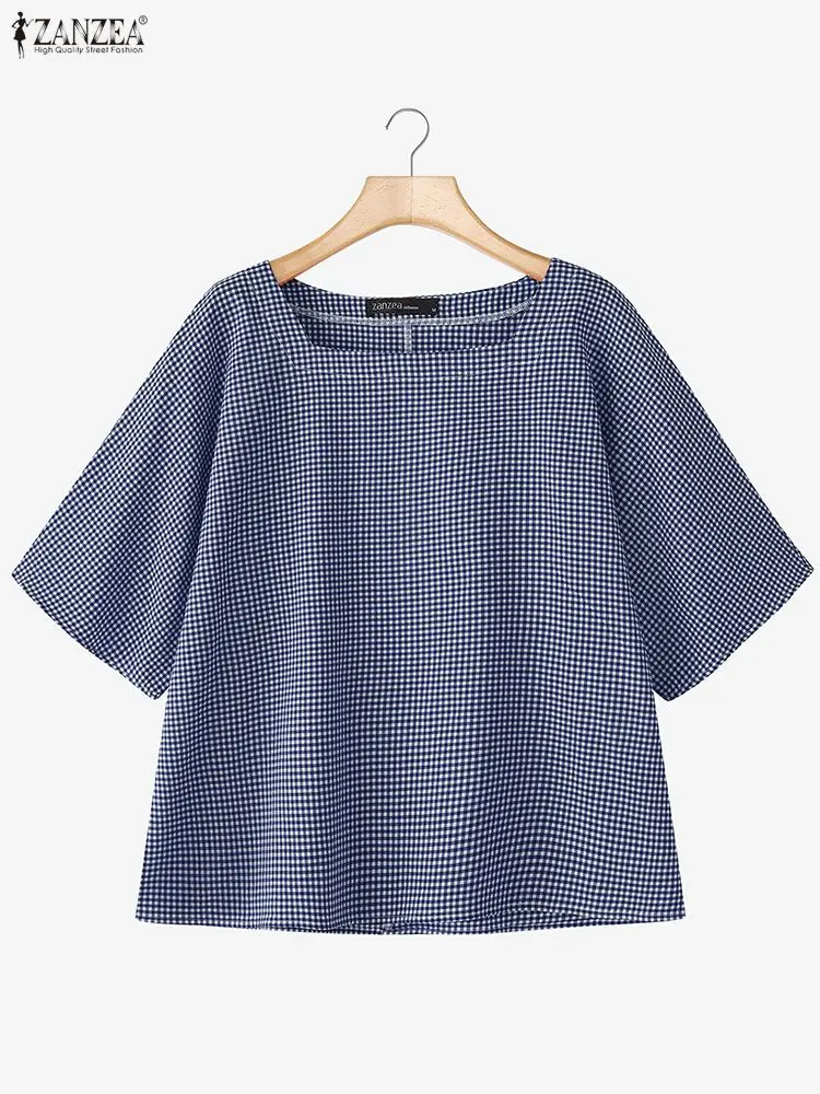 

ZANZEA, летняя клетчатая блузка в клетку, женские топы, элегантная рабочая рубашка с квадратным вырезом и короткими рукавами, повседневная сорочка Mujer, оверсайз
