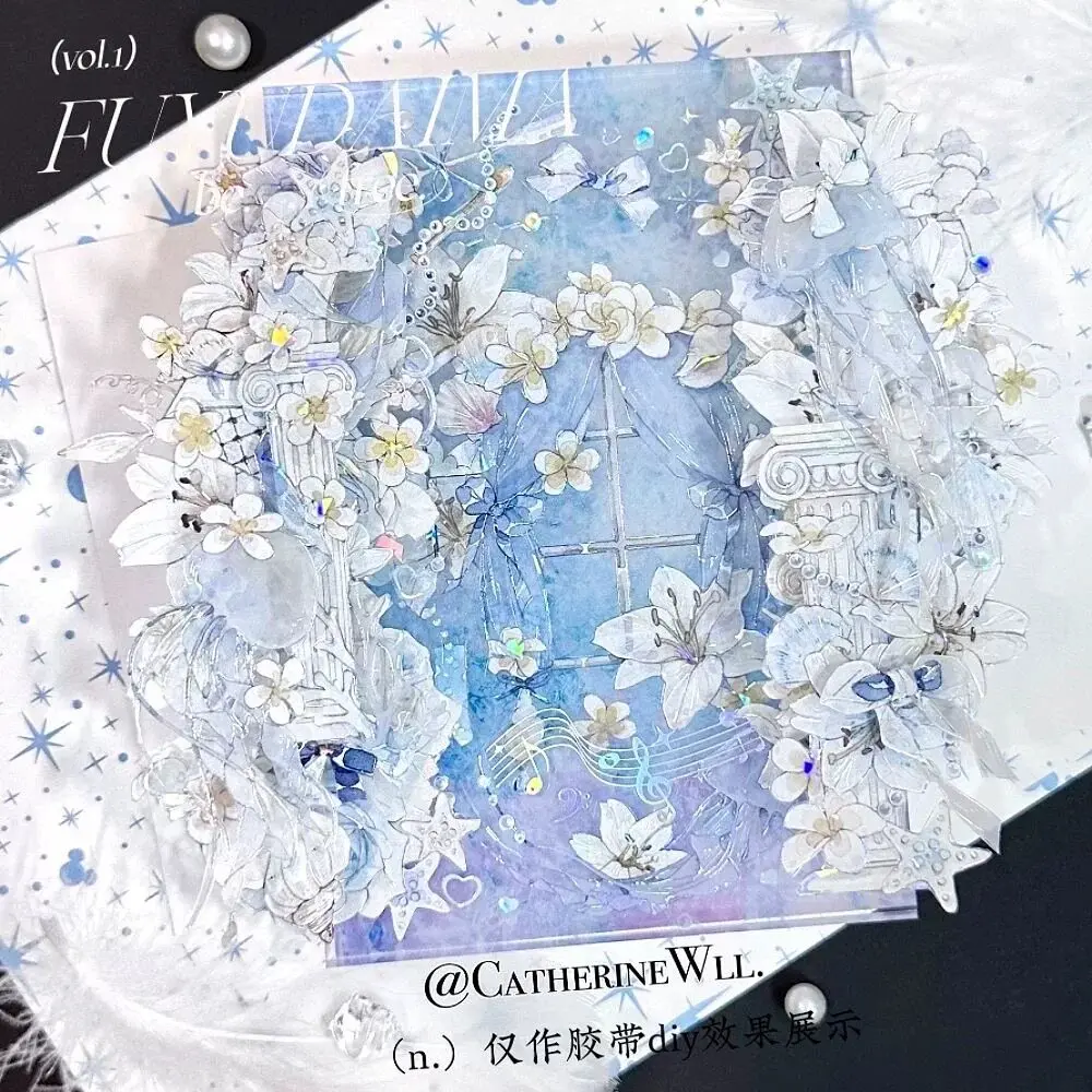 

1 Loop Washi Pet Tape Ode To Poseidon Shiny Light Blue Yellow And White Castle Journal Cards Cloud Collection custom 3.11