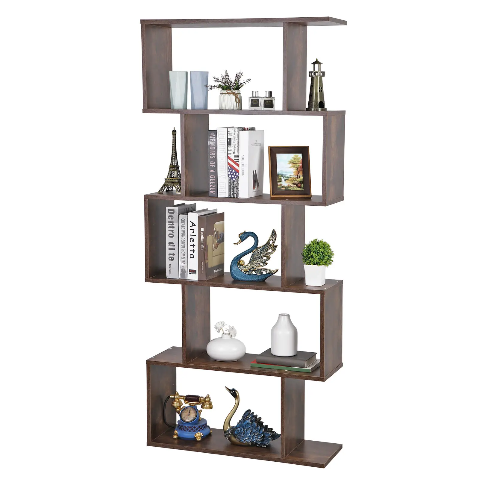 

Wooden Bookcase 5 Shelf Storage Unit S-Shaped Bookcase Freestanding Rustic Brown