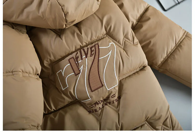 30 ℃ 2025, Winter-Jacke für Teenager und Jungen, Plüsch, dick, Kälteprävention, Briefdruck, mit Kapuze, Daunen-Baumwolle, Outdoor-Jacken für 4–11 Jahre – Detail 14
