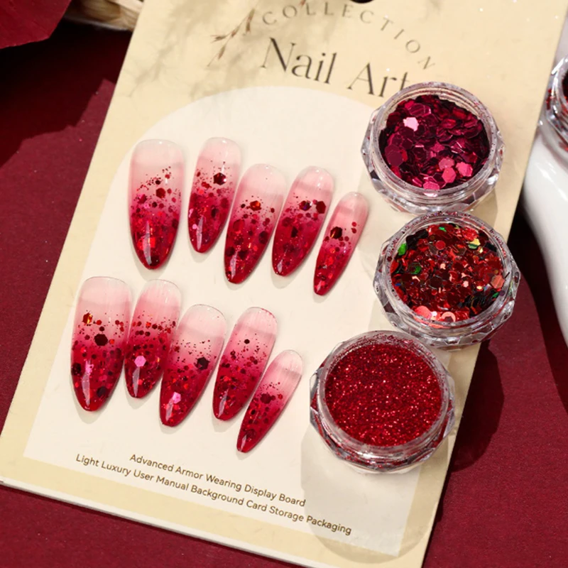 Nail Art Glitter Paillettes Cristallo rosso Diamante Polvere per unghie 3D Olografica Nail Art Polvere Scaglie lucide Pigmento Decorazione per manicure