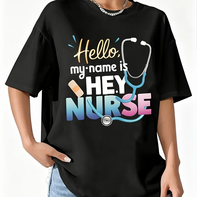 Nurse Stethoscope Sports Short Sleeve Women's 100% Cotton T-Shirt Short Sleeve Top Casual Round Neck Fun Print Tee S-5Xl