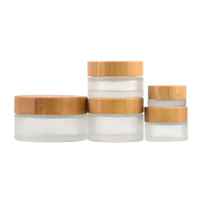 200G Custom Frosted white 100ml 30ml 50ml round bottom cream Glass jars Container Cosmetic Packaging with bamboo Wooden Lid 150G