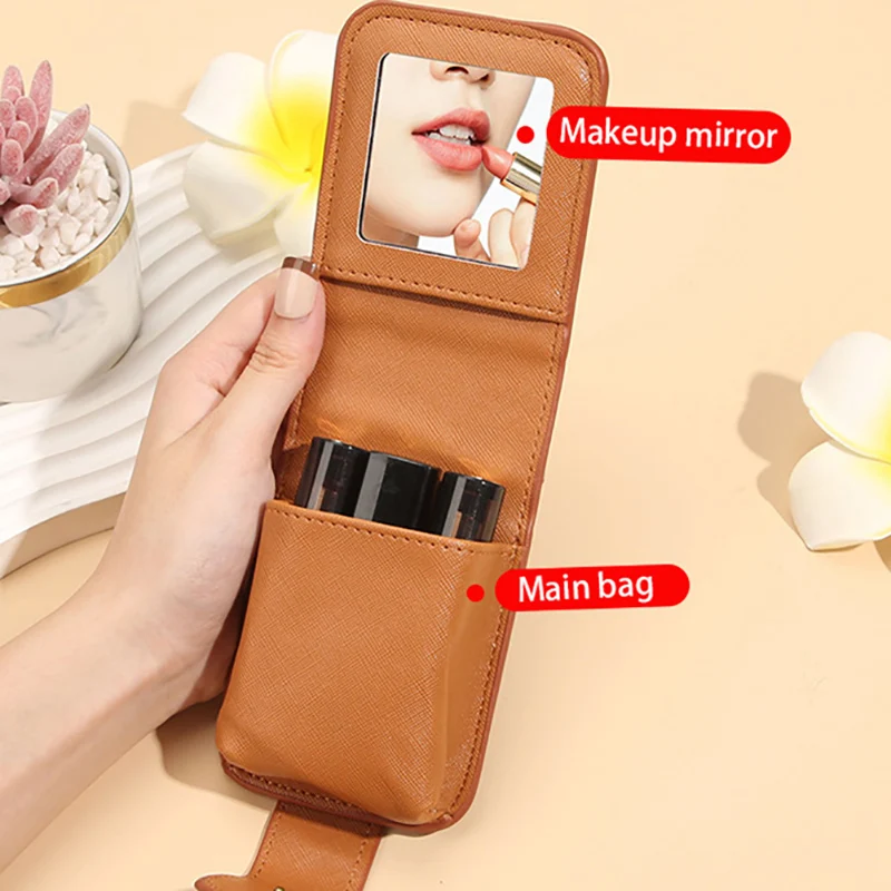 PU Lipstick Case Holder with Mirror Lipstick Holder Travel Makeup Tools Organizer Bag Cosmetic Pouch Lip Balm Organizer Holder