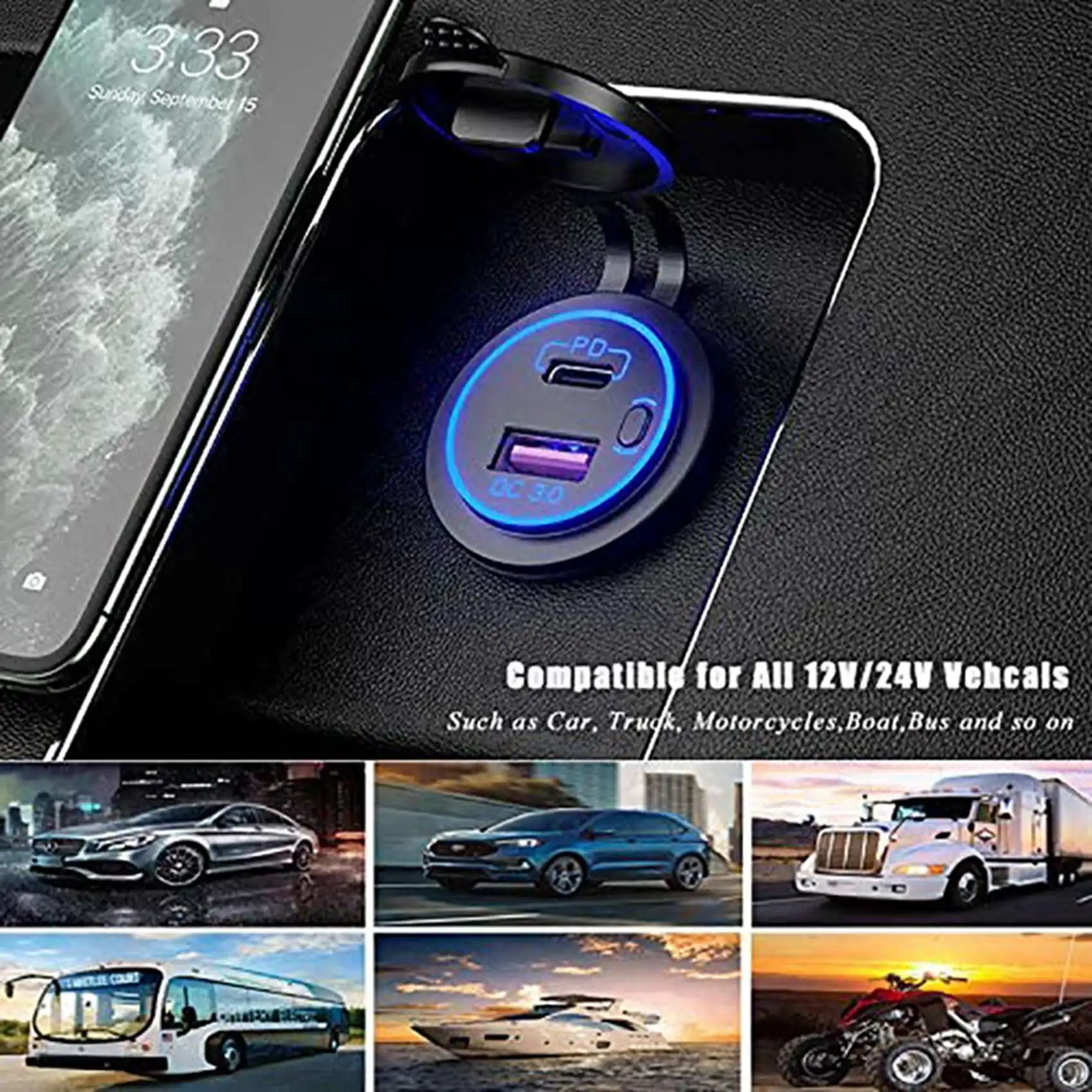 3X PD Type C USB Car And QC 3.0 Quick 12V Power Outlet Socket With ON/Off Switch For Motorcycle RV,Blue